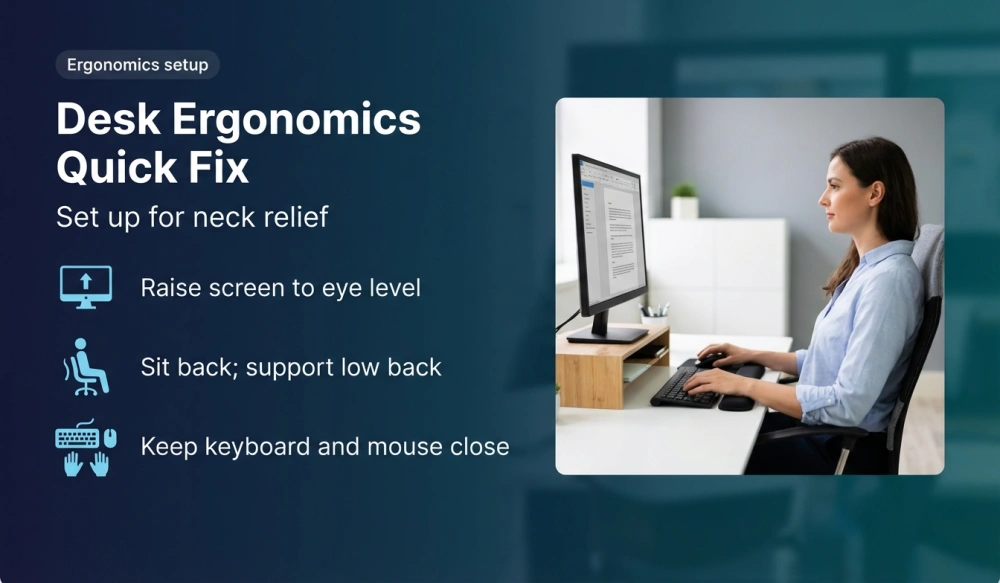 Desk Ergonomics Quick Fix infographic: Raise screen to eye level; Sit back and support low back; Keep keyboard and mouse close