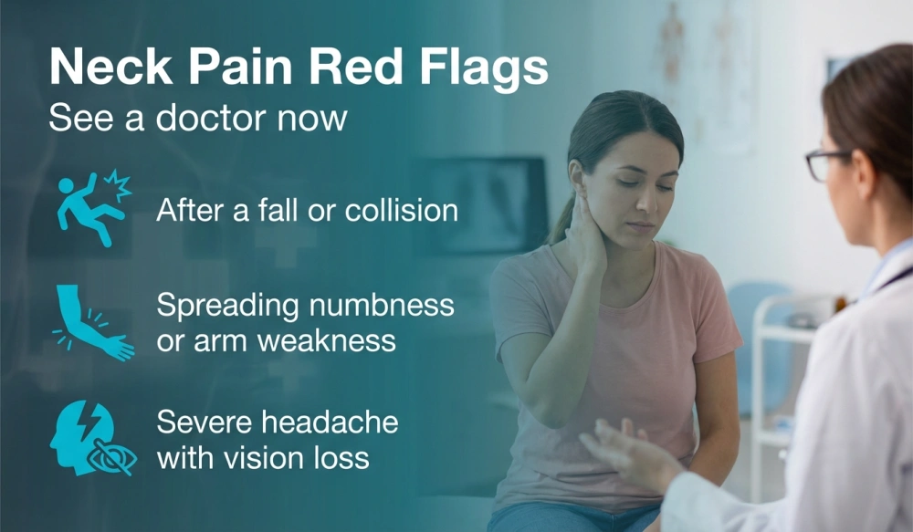 Neck Pain Red Flags infographic: After a fall or collision; Spreading numbness or arm weakness; Severe headache with vision loss