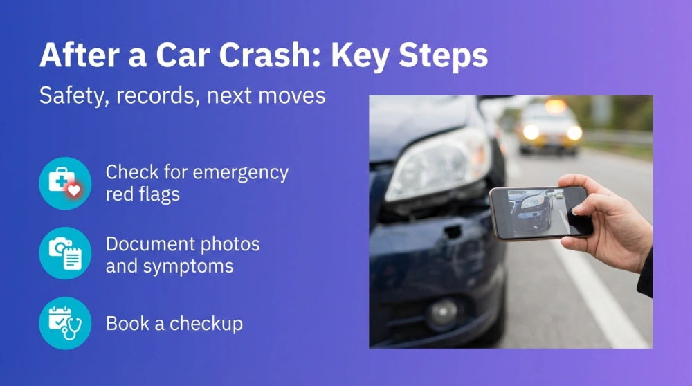 After a Car Crash: Key Steps — Safety, records, next moves. Check for emergency red flags; Document photos and symptoms; Book a checkup