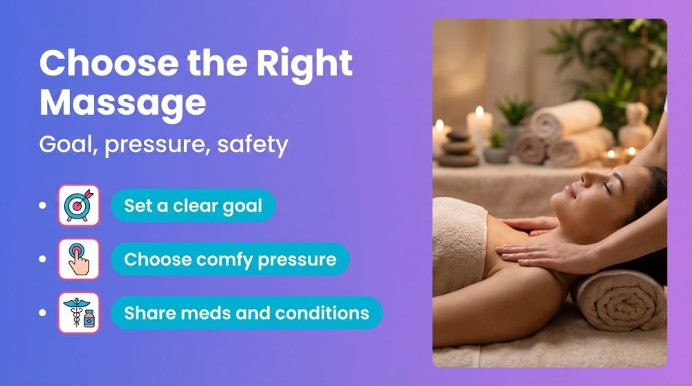 Choose the Right Massage infographic: Goal, pressure, safety