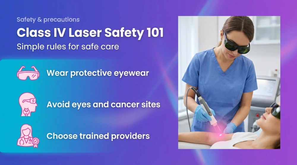 Class IV Laser Safety 101 infographic - wear protective eyewear, avoid eyes and cancer sites, choose trained providers