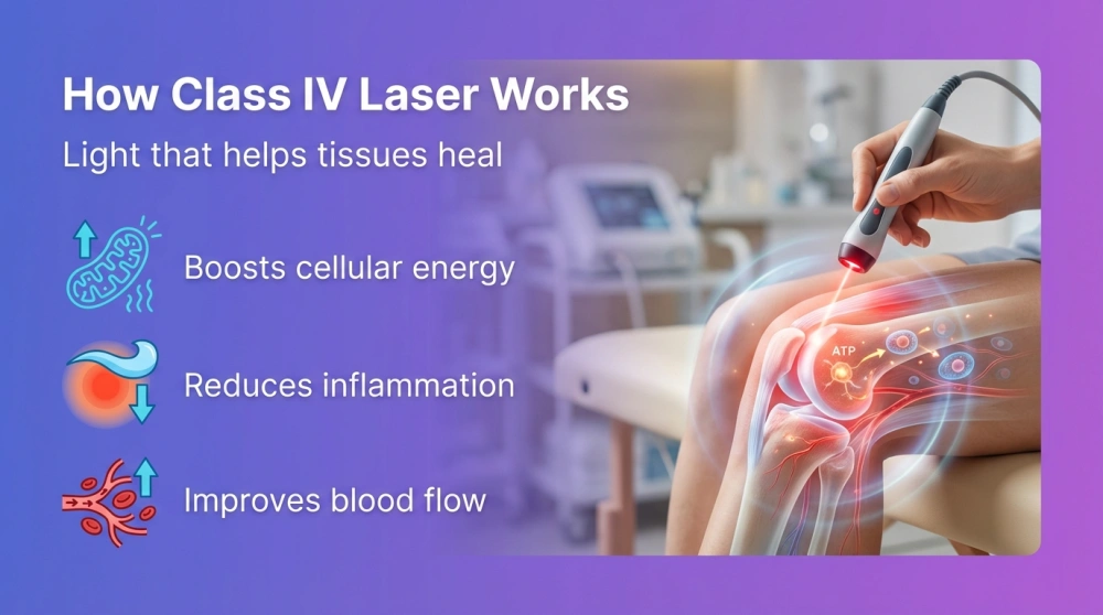 How Class IV Laser Works infographic - boosts cellular energy, reduces inflammation, improves blood flow