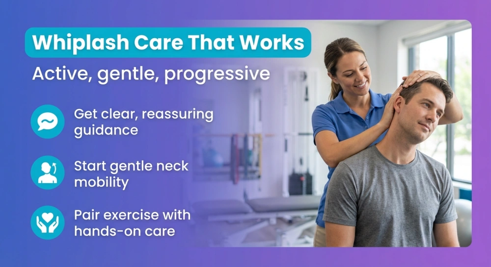 Whiplash Care That Works — Active, gentle, progressive. Get clear, reassuring guidance; Start gentle neck mobility; Pair exercise with hands-on care