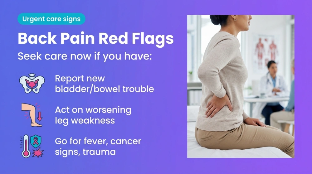 Infographic: Back Pain Red Flags &mdash; Seek care now if you have new bladder/bowel trouble, worsening leg weakness, fever, cancer signs, or major trauma