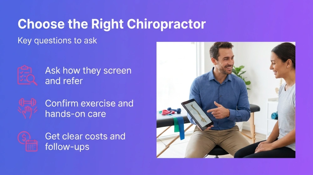 Choose the Right Chiropractor &mdash; Key questions to ask: Ask how they screen and refer; Confirm exercise and hands-on care; Get clear costs and follow-ups