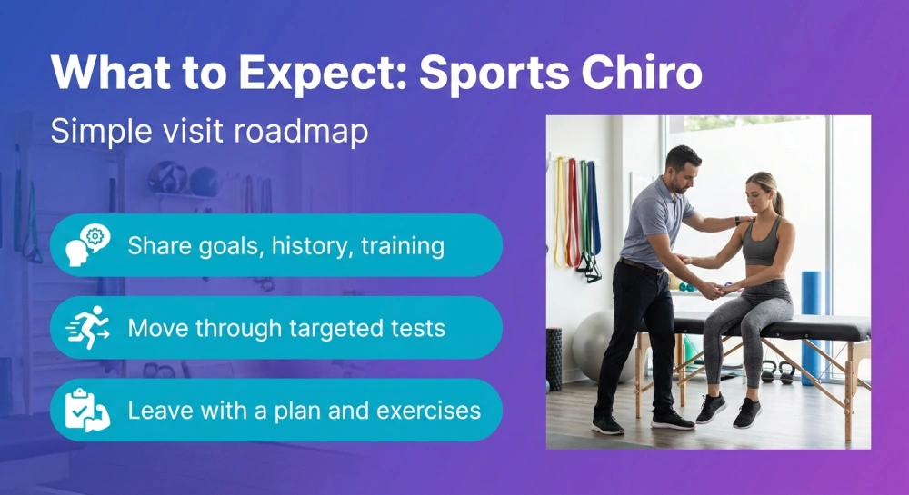 What to Expect: Sports Chiro infographic: Simple visit roadmap