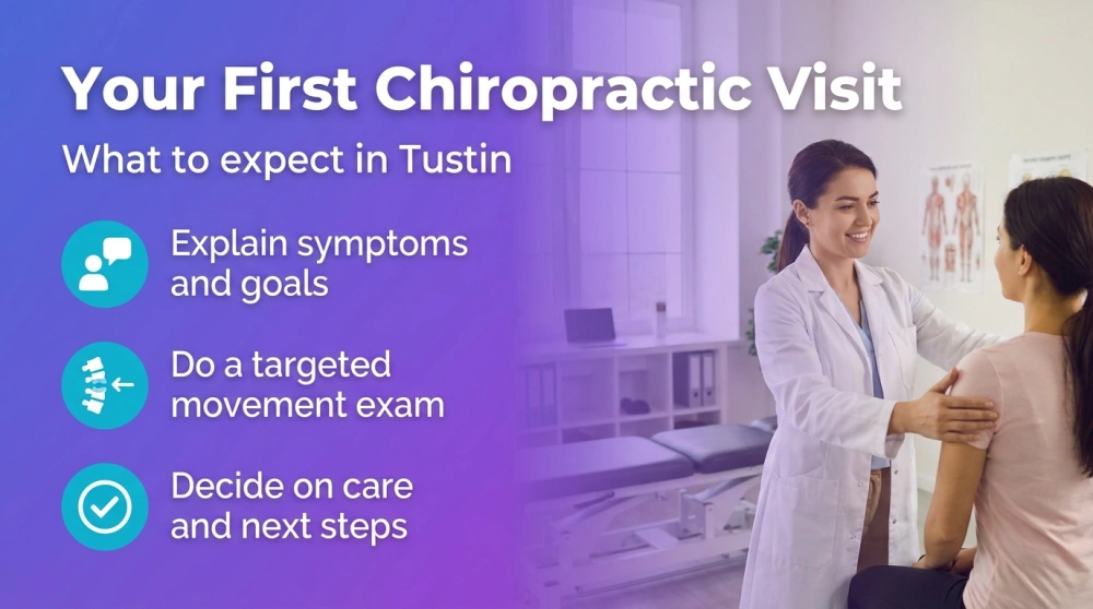 Your First Chiropractic Visit &mdash; What to expect in Tustin: Explain symptoms and goals; Do a targeted movement exam; Decide on care and next steps
