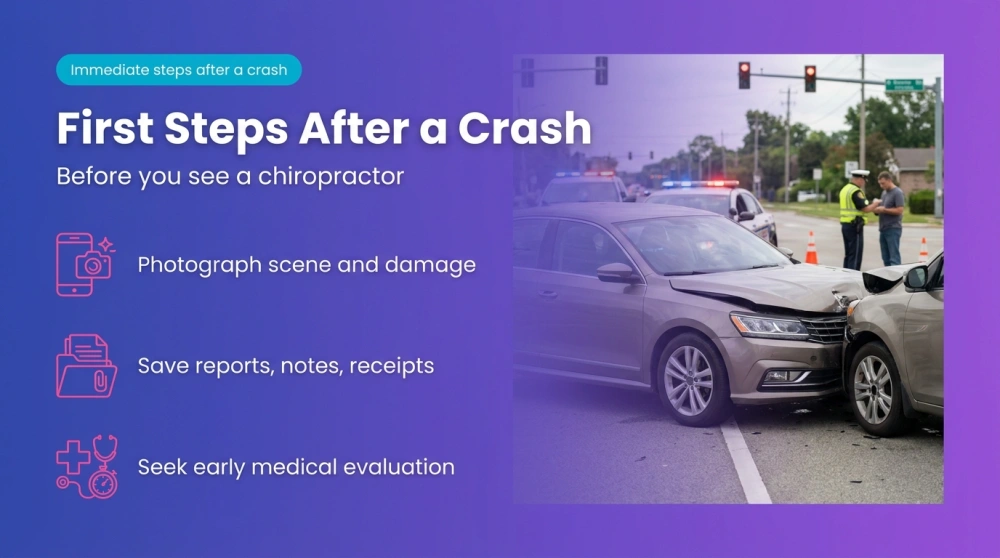 Infographic: First Steps After a Crash — Before you see a chiropractor: Photograph scene and damage; Save reports, notes, receipts; Seek early medical evaluation