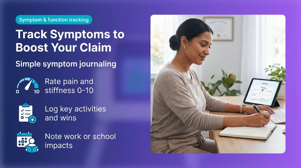 Infographic: Track Symptoms to Boost Your Claim — Simple symptom journaling; Rate pain and stiffness 0-10; Log key activities and wins; Note work or school impacts
